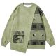 Sage Green Sweatshirt with Leaf & Geometric Patchwork
