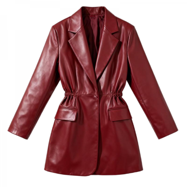 Burgundy Faux Leather Cinched-Waist Blazer
