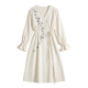 Cream Wrap Dress with Vine Embroidery & Drawstring Waist