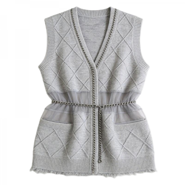 Gray Argyle Knit Vest with Chain & Mesh Panels