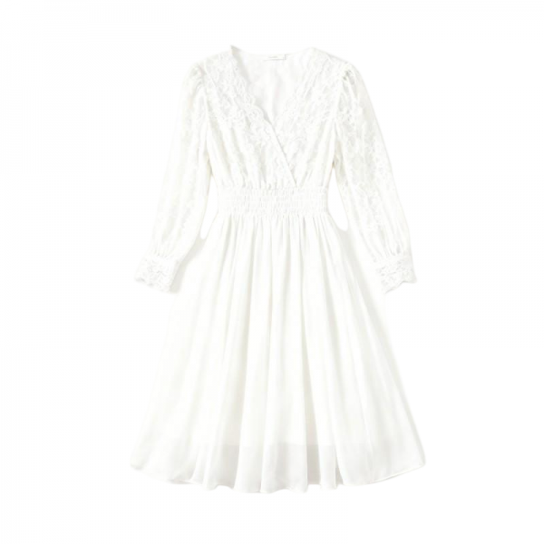 White Lace Long-Sleeve Wrap Dress
