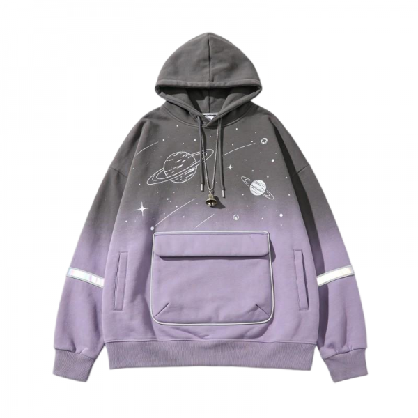 Gray-to-Purple Ombre Hoodie with Planet Print & Reflective Trim