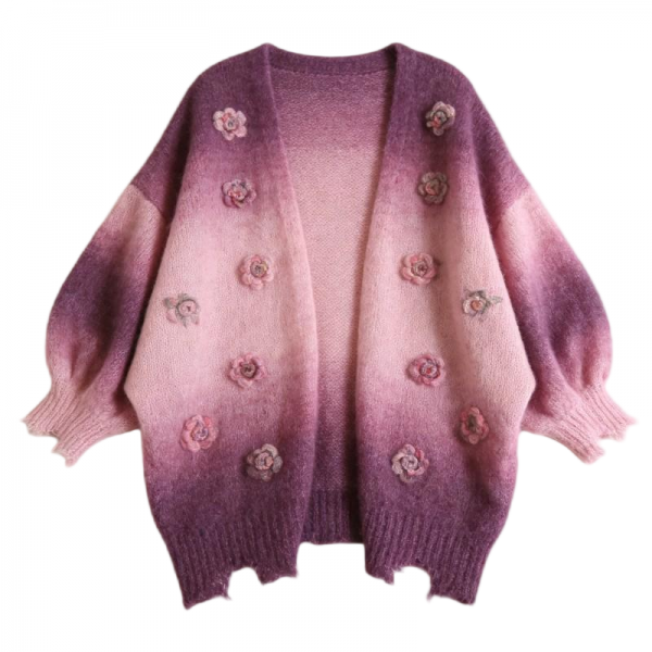 Pink-to-Purple Ombre Knit Cardigan with 3D Flower Details