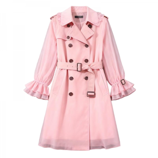 Pink Sheer Mesh Puff-Sleeve Trench Coat