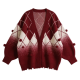 Burgundy Argyle Knit Cardigan with Gradient & Pom-Pom Details
