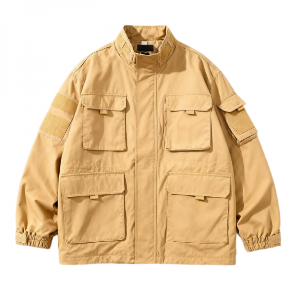 Khaki Cargo Jacket with Multiple Patch Pockets