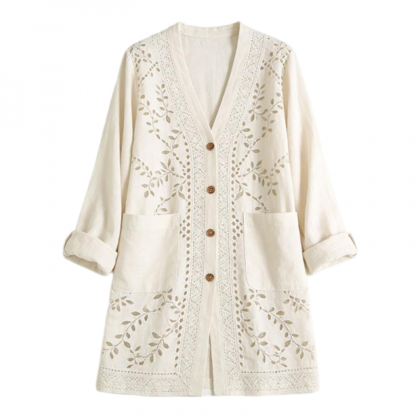 Cream Open-Front Cardigan with Cutout Embroidery