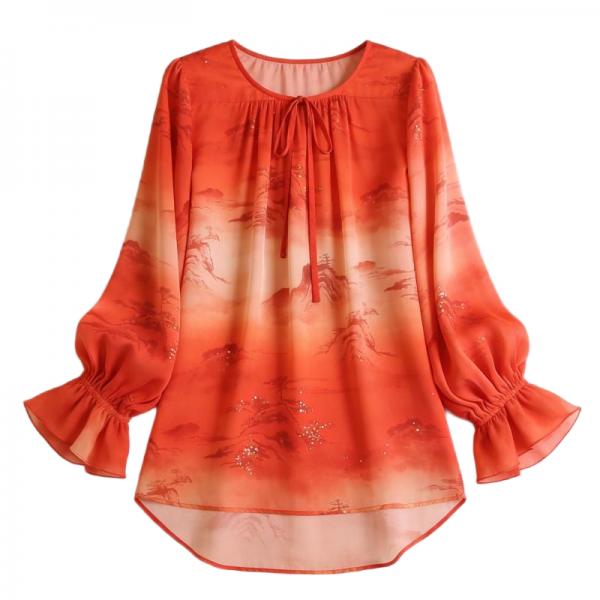 Orange-to-Red Gradient Blouse with Landscape Print & Glitter