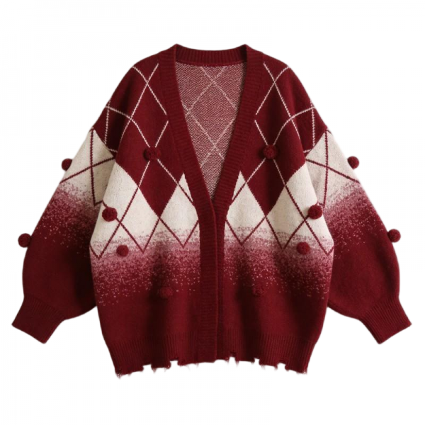Burgundy Argyle Knit Cardigan with Gradient & Pom-Pom Details