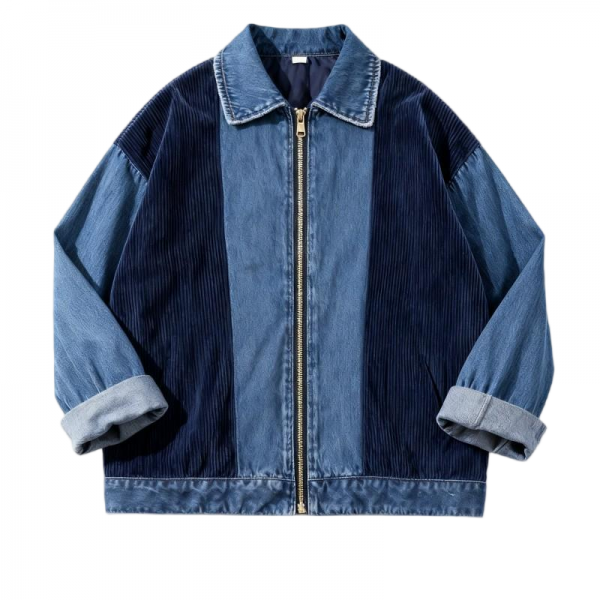 Blue Denim & Corduroy Patchwork Zip-Up Jacket