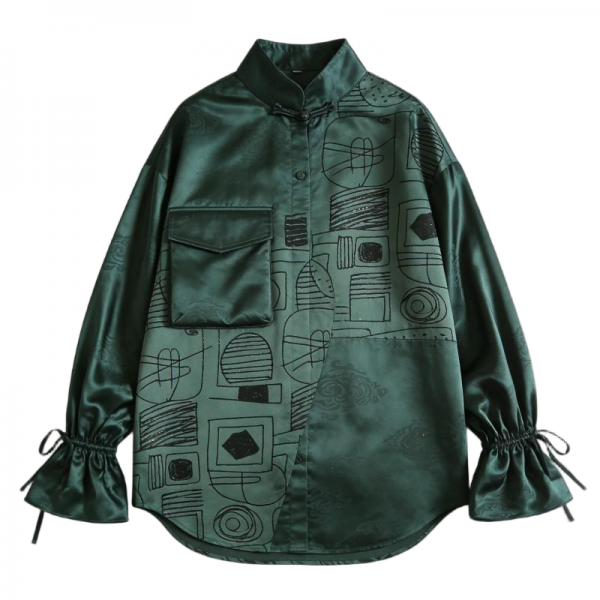 Dark Green Satin Shirt with Geometric Print & Frog Buttons