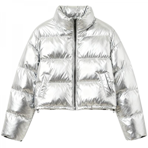 Silver Metallic Cropped Puffer Jacket