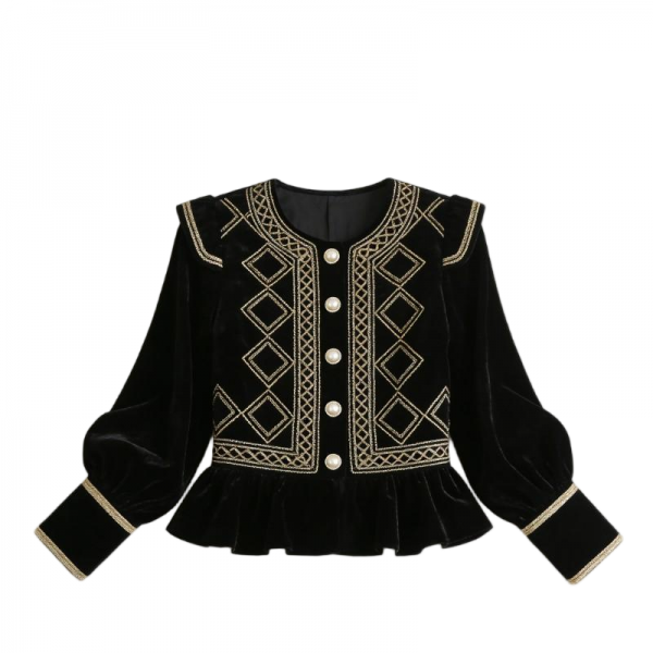 Black Velvet Blouse with Gold Embroidery & Pearl Buttons