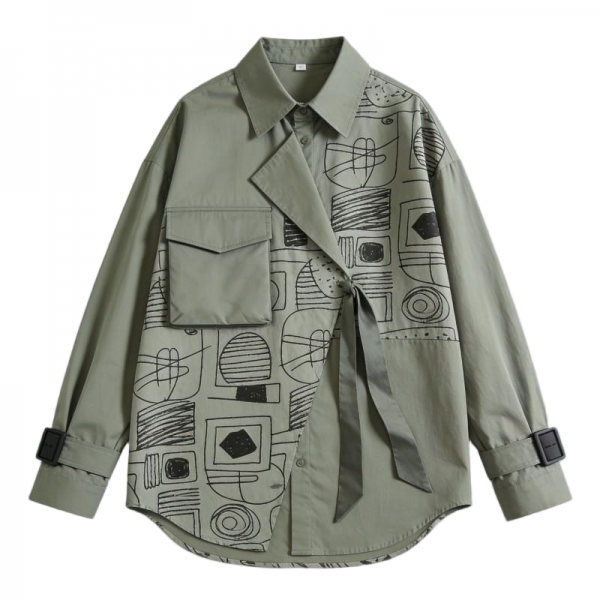 Sage Green Button-Down Shirt with Geometric Print & Tie Detail