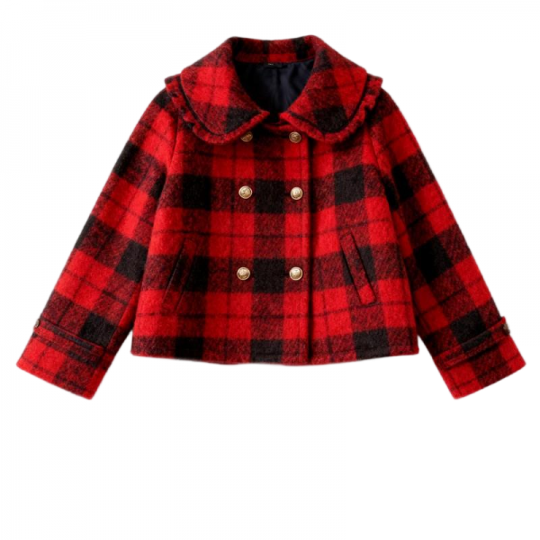 Red & Black Plaid Ruffled Collar Cropped Coat