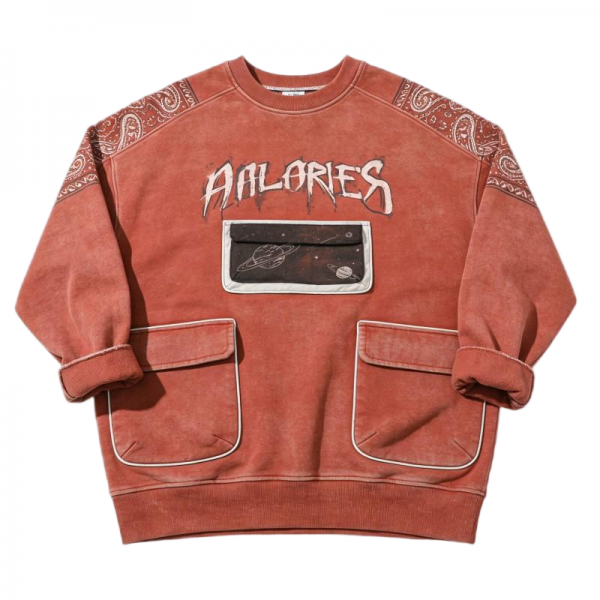 Terracotta Distressed Sweatshirt with Planet Print & Paisley Shoulders