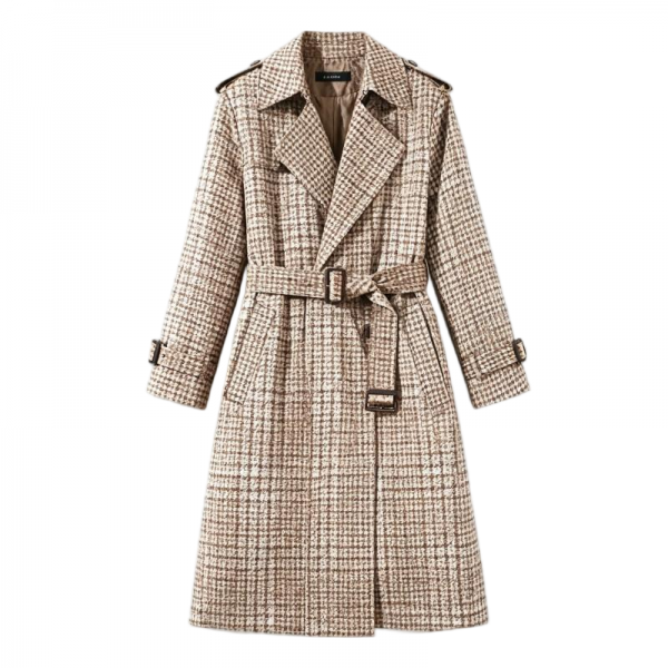 Beige & White Houndstooth Trench Coat