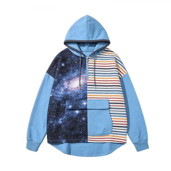 Blue Color-Block Hoodie with Galaxy & Striped Panels
